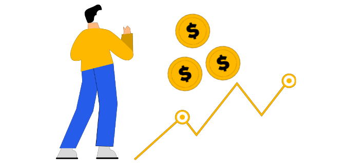 A person calculating coins and showing an increase in business value