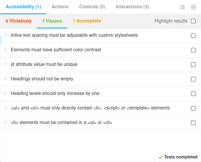 Accessibility check report provided by Storybook add-on