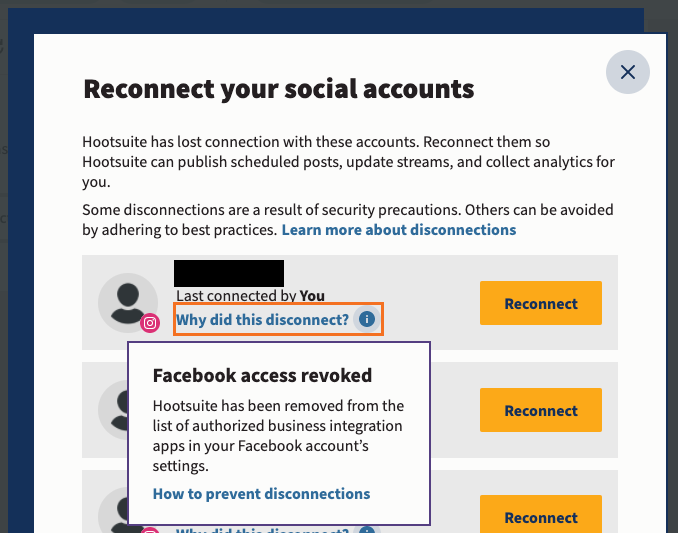 A window titled “Reconnect your social accounts” that contains a list of disconnected social network profiles with buttons to reconnect them. The first profile is displaying a popup containing details on why it disconnected, explaining that it is due to the user revoking access for the social network API.