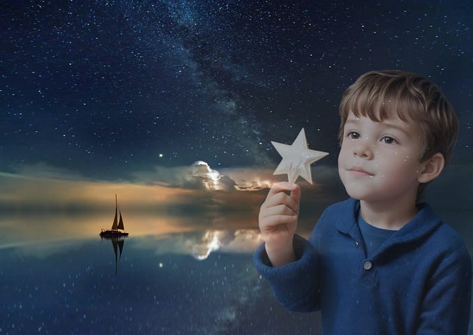 A boat sailing in the ocean to a star-shed horizon in the background while a boy wearing a blue shirt, holding a star on his hand.