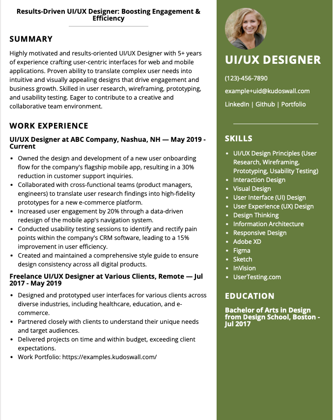 Example UI/UX Designer Resume with a link to their portfolio — KudosWall AI Resumes & Portfolios