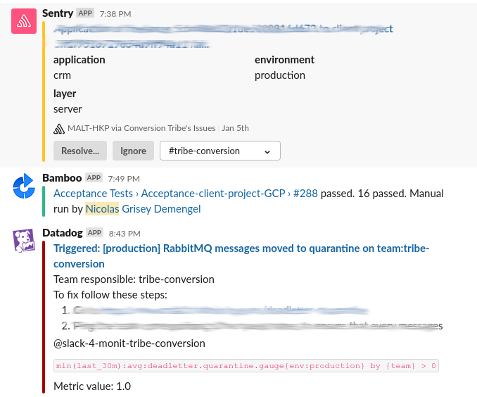 Screen capture of a Slack channel, where 3 alerts can be seen, from Sentry, Bamboo, and Datadog