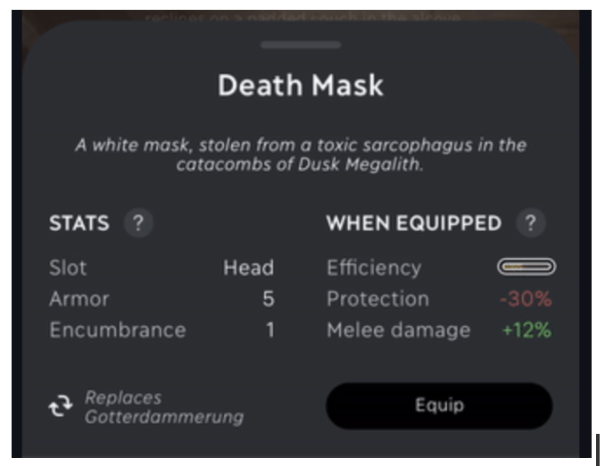 A card that displays some stats about a Death Mask in a gaming setup.The stats have to be read out column wise