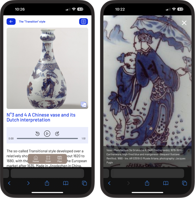 Screenshots of Musée Ariana’s webapp displaying Chinese porcelain. Left: A white vase with blue patterns, titled ‘A Chinese vase and its Dutch interpretation’. Right: A close-up of a vase fragment showing a blue-on-white illustration of figures with an umbrella.