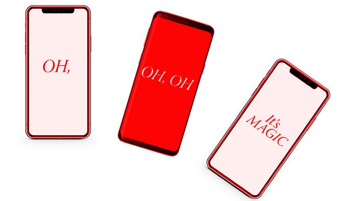 Three smartphones with pink and red background tilting in sync