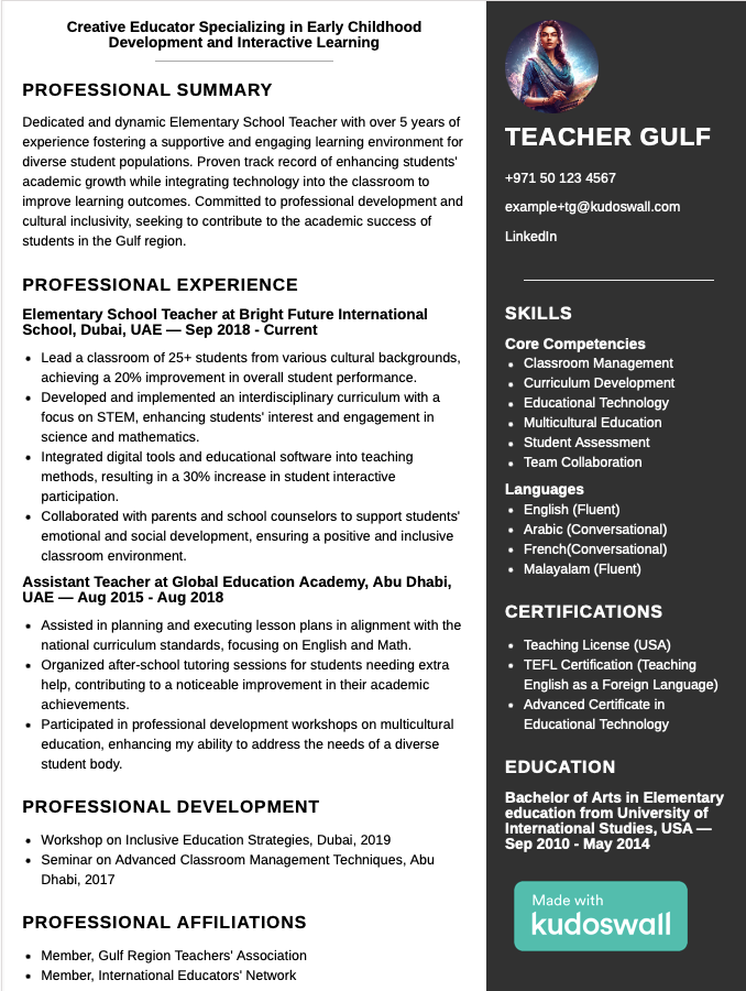 Example Teacher Resume with Gulf Experience