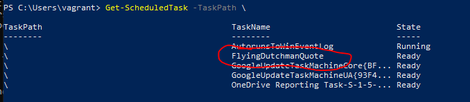 Screenshot of a powershell Window showing a new scheduled task circled