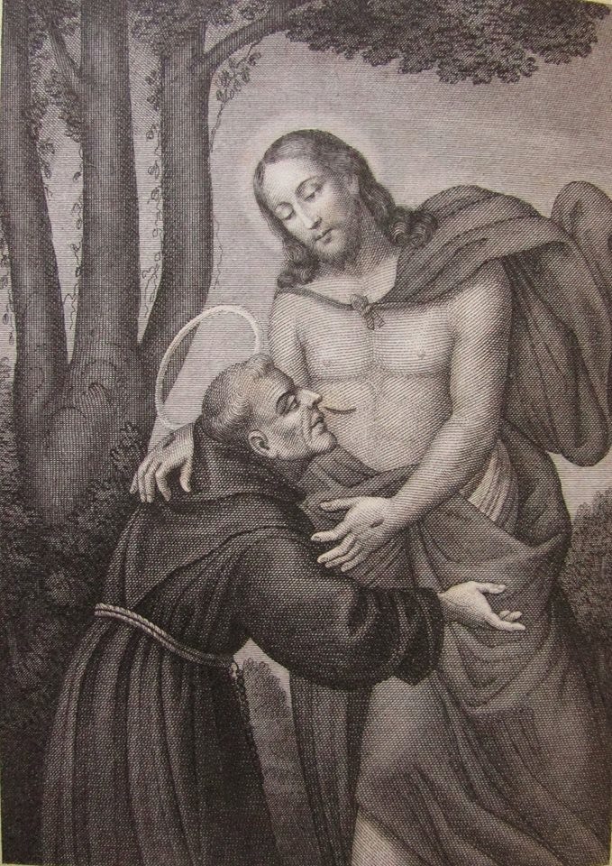 Grayscale illustration of a shirtless Jesus embracing a Franciscan friar beneath a beech tree with a base that splits into three separate trunks