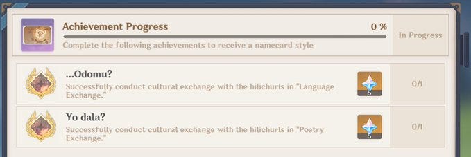 Achievements from a hilichurl related quest: cultural exchange of language and poetry