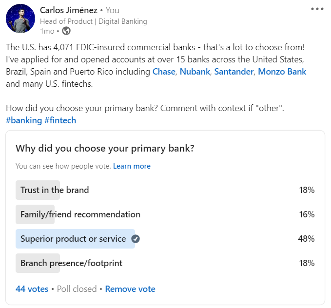 Linkedin poll to measure how people choose primary bank