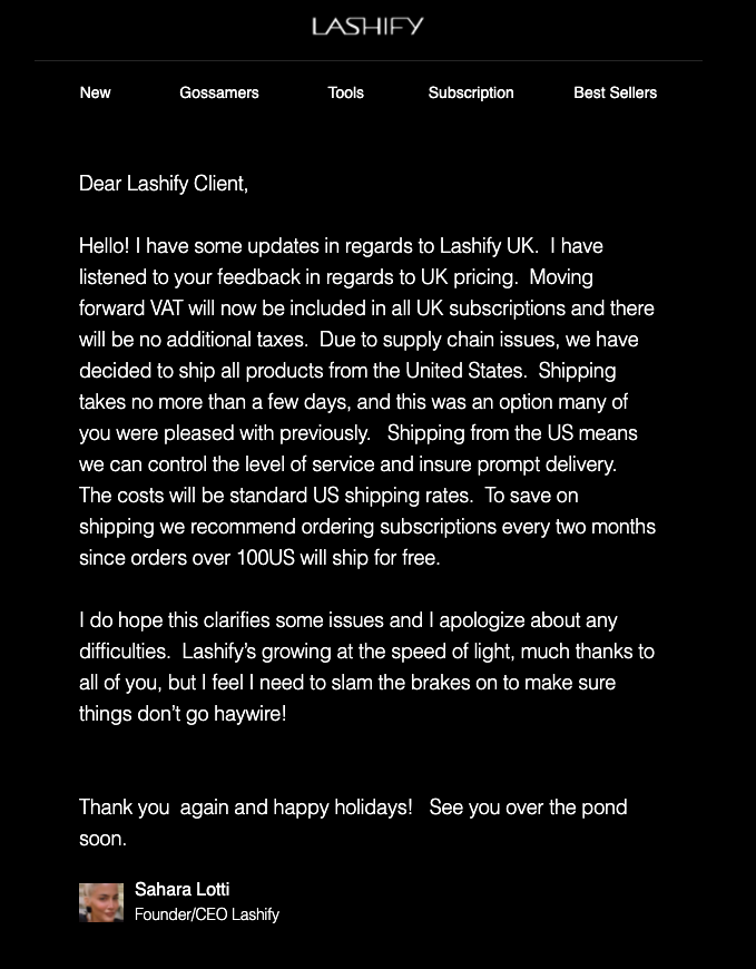 Screenshot of an email template from Lashify UK being more transparent with their customers on shipping issues and coming up with a solution