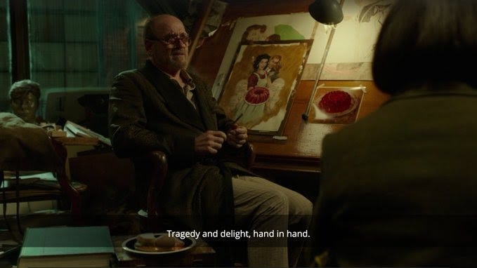 A still of Giles (Richard Jenkins) sitting in his studio, taken from Guillermo del Toro’s THE SHAPE OF WATER (2017).