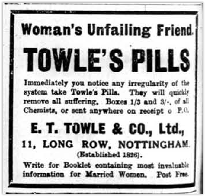 Advertisements coded to women for Towle’s Pills appeared in UK newspapers during WWI.