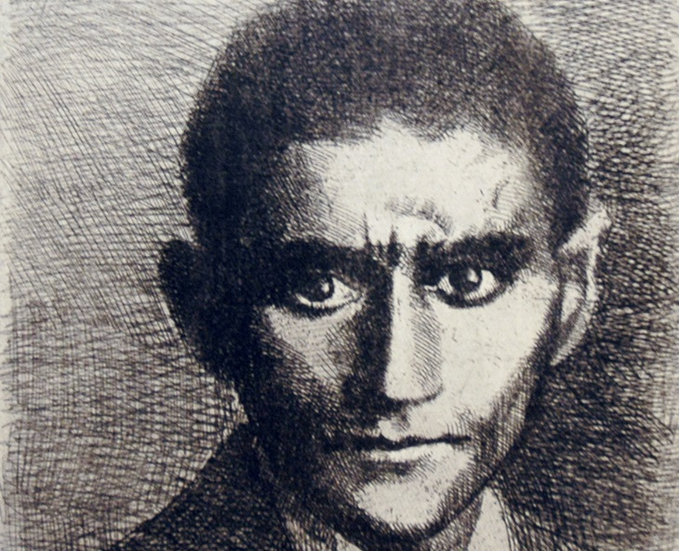 A imagem mostra o esboço do escritor Franz Kafka em preto e branco com foco no rosto do homem, principalmente na testa.