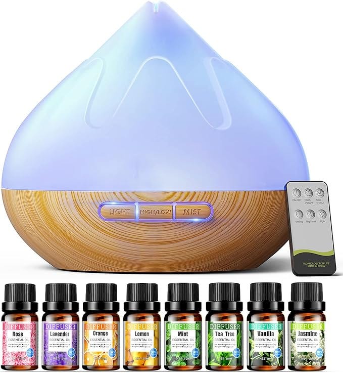 Aromatherapy Essential Oil Diffuser Gift Set — 400ml Ultrasonic Diffuser with 20 Essential Plant Oils — 4 Timer & 7 Ambient Light Settings — Therapeutic Grade