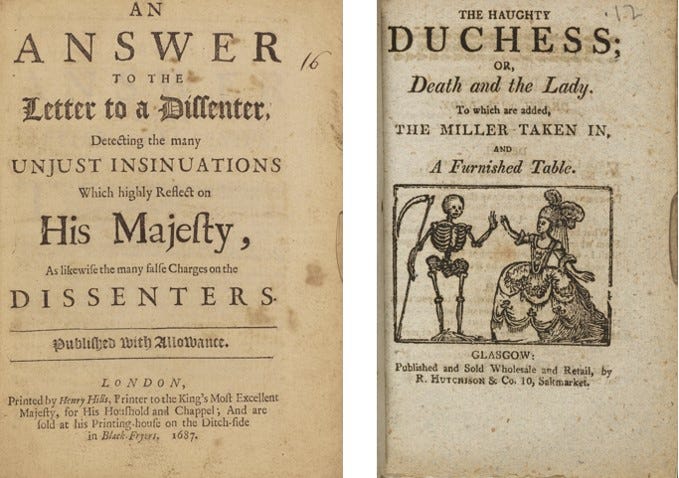 Two adjacent images of title-pages printed in black with a variety of fonts and cases. Second includes woodcut of skeleton holding scythe, with well-dressed lady.