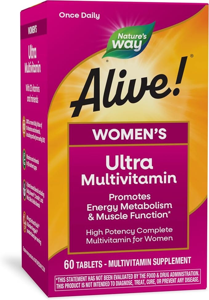 Nature’s Way Alive! Women’s Daily Ultra Multivitamin, High Potency Formula, Promotes Energy Metabolism and Muscle Function*, with Methylated B12, 60 Tablets (Packaging May Vary)