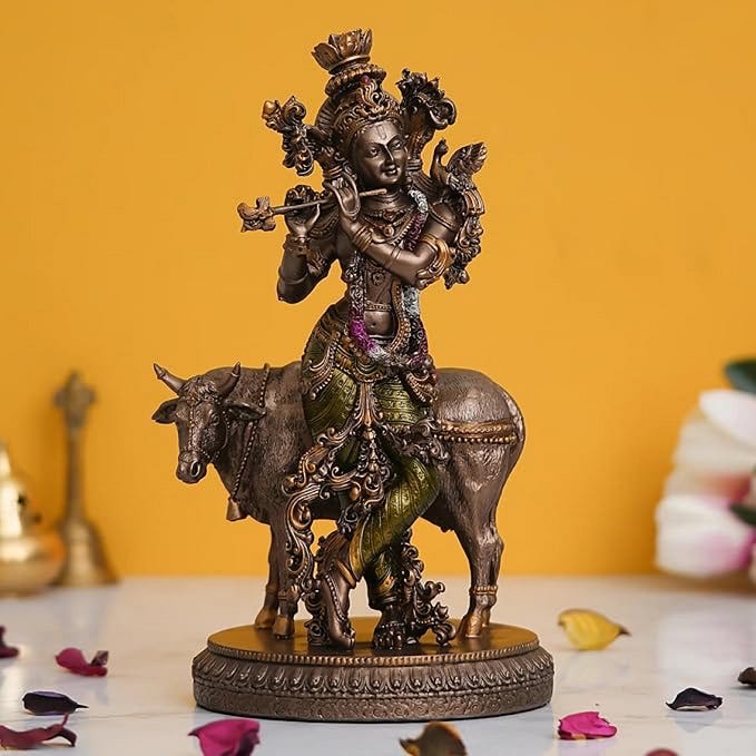 Shri Krishna with Cow Bronze Idol – Decorative Puja Murti for Home Temple | Symbol of Good Luck…