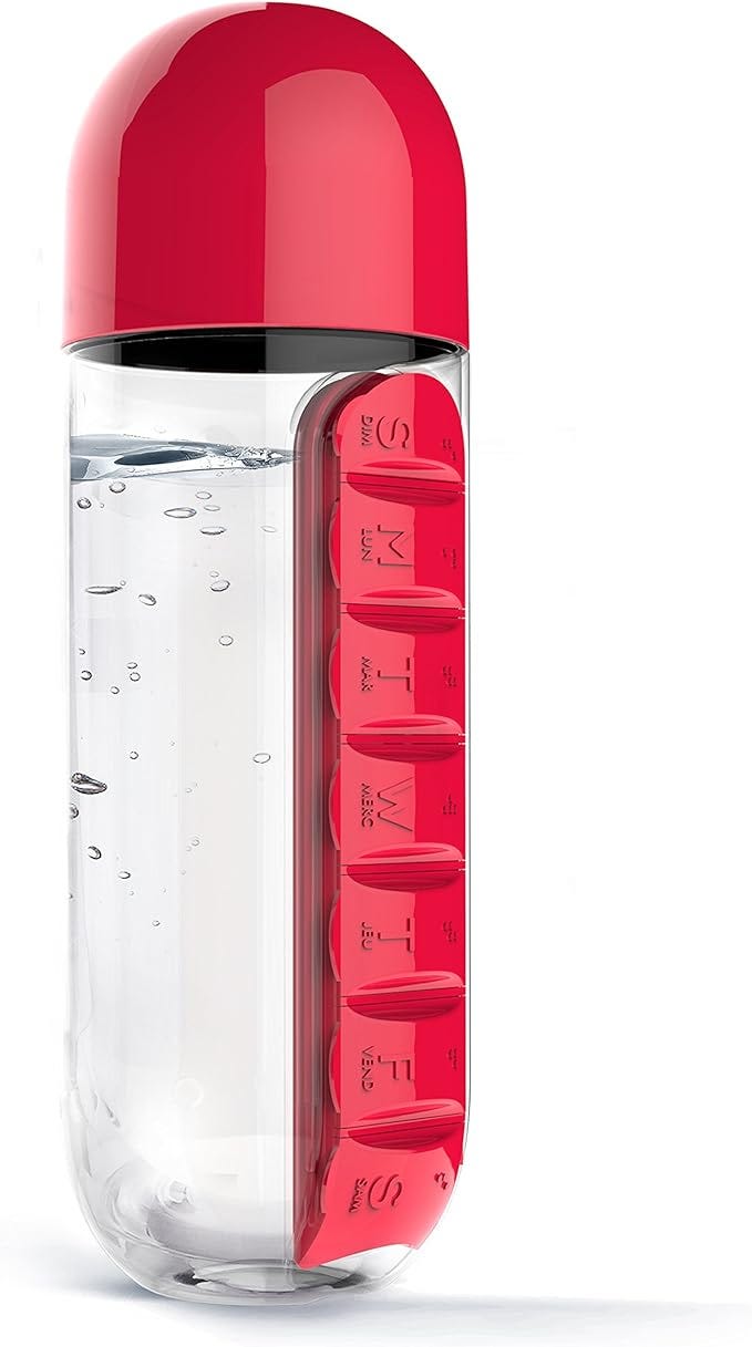 Asobu Combine Daily Pill Box Organizer with Water Bottle, 20 oz, (Red). || technology trends || viral technology || best buy.
