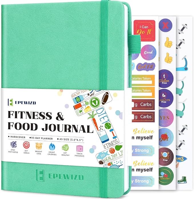 Food and Fitness Journal Hardcover Wellness Planner Workout Journal for Women Men to Track Meal and Exercise Count Calories Weight Loss Diet Training Weight Loss Tracker Undated Home and Gym