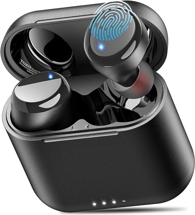 Black wireless earbuds with bluetooth, and ergonomic design in-ear headset