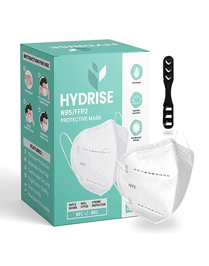 HYDRISE (Pack of 40 Premium N95 Mask For Men and Women with Mask Adjusters — Washable mask — Reusable mask — Pollution Mask — Protection Mask — ISO SITRA approved — Advanced Filtration (White)