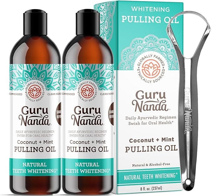 GuruNanda Pulling Oil
 Coconut oil pulling
 Peppermint essential oil
 Natural teeth whitening
 Fight bad breath