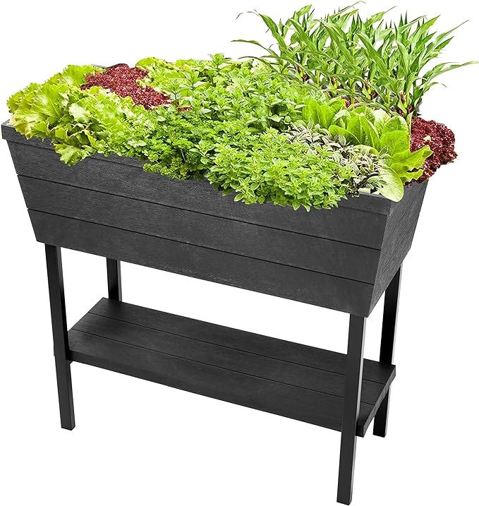 Keter Urban Bloomer 12.7 Gallon Raised Garden Bed with Self Watering Planter Box and Drainage Plug, Dark Grey