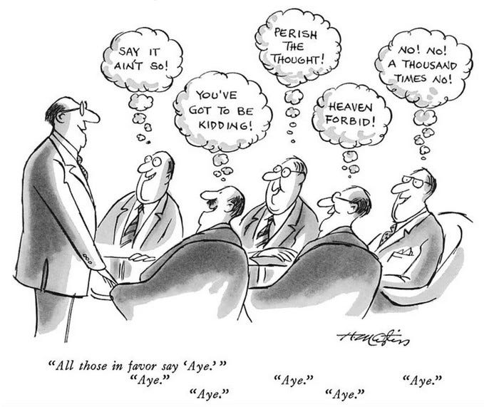 Cartoon illustrating pluralistic ignorance: people in a meeting all publicly vote ‘Aye’ while their private thoughts show strong disagreement, demonstrating how people conform to perceived group consensus despite personal misgivings