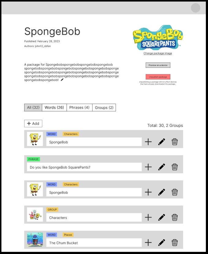 An image of the authors’ Figma prototype of their community word library creation interface to make a word package for SpongeBob SquarePants. A picture of SpongeBob has been uploaded as the word “SpongeBob”’s icon, which has been categorized as a word for a character.