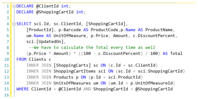 An image showing SQL query that queries an eCommerce related Database.