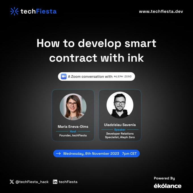A visual showing details of the ‘How to Create Smart Contracts With Ink’ session.