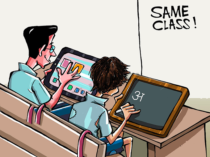 Two children in school uniforms sitting on a bench in school — the first student is wearing a clean uniform and is fiddling on an electronic device, while the second student, dressed in a tattered uniform, has a chalk board and is writing on it with a piece of chalk. The words “same class!” is written on the top right corner of the picture.