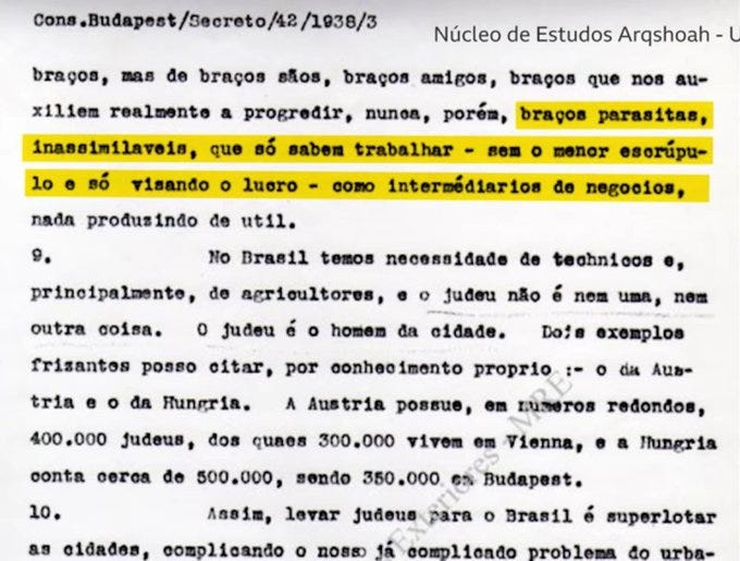 Texto que diz “braços parasitas, inassimiláveis, que só sabem trabalhar — sem o menor escrúpulo e só visando o lucro”.