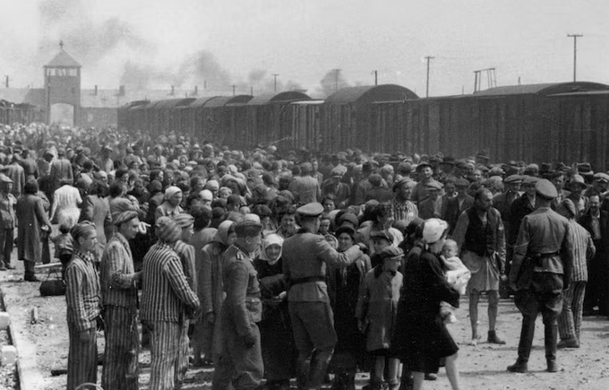 Seleção de prisioneiros em Auschwitz-Birkenau, em 1944. Fotografia em preto e branco tirada na campo de concentração de Auschwitz, com centenas de prisioneiros usando os uniformes de identificação, com alguns soldados nazistas na área.