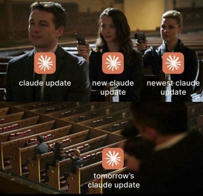 Courtroom meme with multiple Claude logos labeled “claude update,” “new claude update,” “newest claude update,” and “tomorrow’s claude update.”