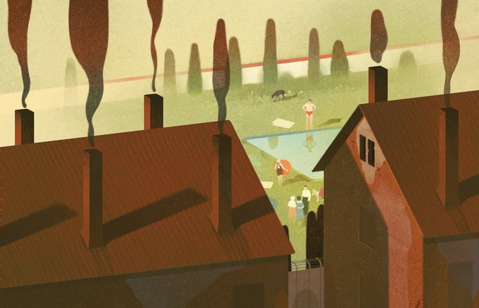 Ilustração de Karolis Strautniekas. Retrata a obra “Zona de Interesse”. Na frente, há os crematórios de Auschwitz em funcionamento, enquanto, ao fundo, se diverte a família nazista.