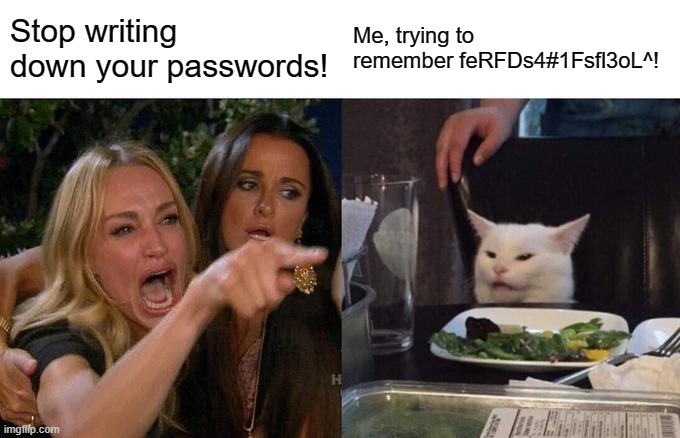 Real housewives / cat meme conveying that much of IT asks their users to stop writing down their passwords