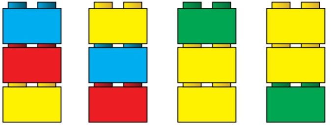 Imagem quatro pilhas de blocos de montar igualmente compostos por três blocos cada