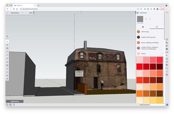 A 3d model of a single building with old photo textures mapped to its walls