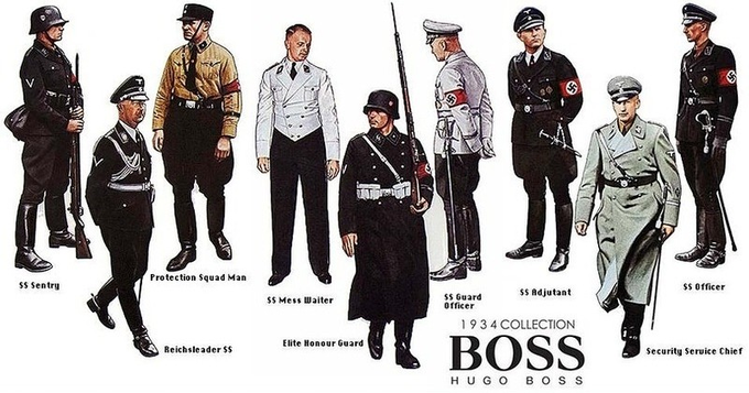 A imagem mostra um grupo de homens em uniformes militares, incluindo sentinela, garçom, guarda, ajudante, oficial, líder do Reich SS, guarda de honra de elite, chefe do serviço de segurança e outros. Os homens vestem roupas desenhadas por HUGO BOSS.