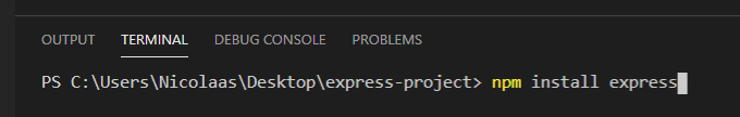 VS Code terminal snippet about installing the express and nodemon packages