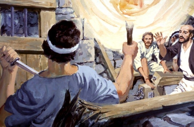 Illustration of the prison in Acts 16, where the jailer holds a knife to his chest but pauses as Paul rushes to him with a hand extended. The jailer holds a torch in his other hand that illuminates Paul as well as Silas, who sits behind him removing his feet from wooden stocks and chains.