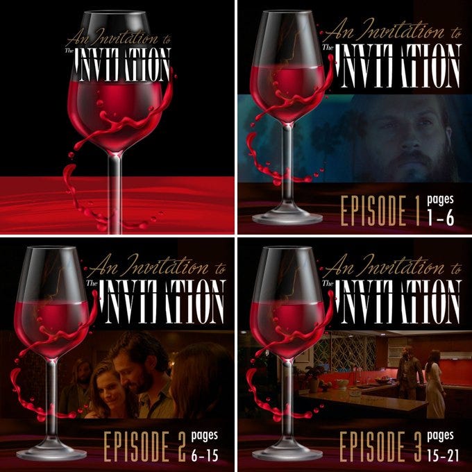 A grid of 4 images, each depicting the various cover graphics for my podcast, “An Invitation to THE INVITATION.”