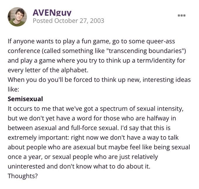 A screenshot from the Asexuality Visibility Network’s forums which includes the quoted text above this image. Medium’s text limit for alt text was not long enough to accommodate it.