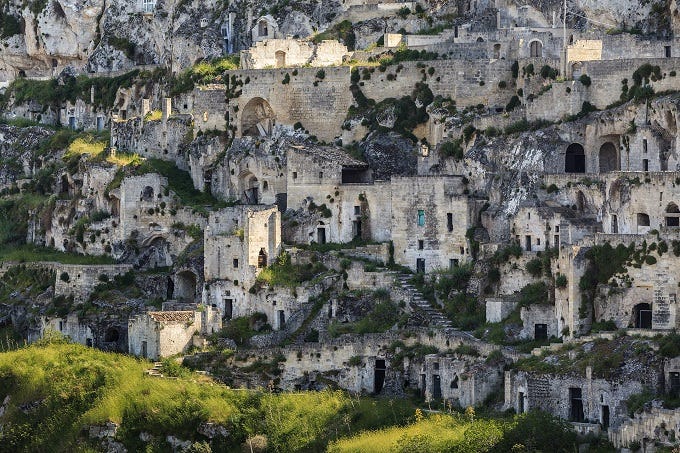landscape of Sassi di Matera with houses carved into the tufa rock