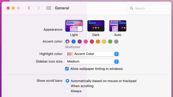 Two screenshots, split vertically, of the System Preferences window in light mode in macOS Monterey. The left half has Desktop Tinting enabled and the right has it disabled.