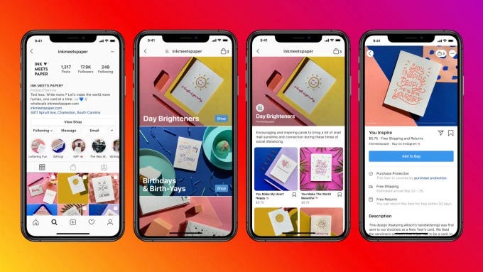 Phone screenshots Facebook and Instagram new feature: Shops