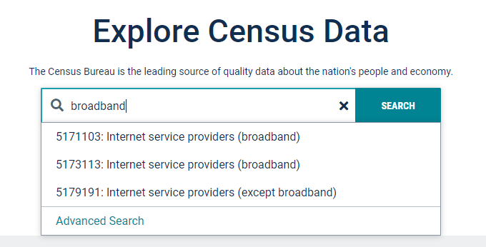 Entering the search term “broadband” in a dialog on the data.census.gov site.