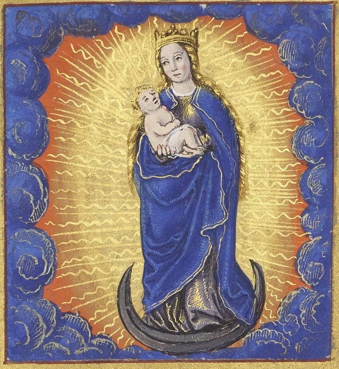 The Virgin Mary, crowned, with the Child, stands on the crescent on a gold ground, rayed, and surrounded by blue clouds